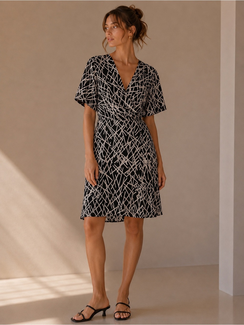 Adrianna Papell Black & Cream Abstract Printed Fit & Flare Dress Size 12